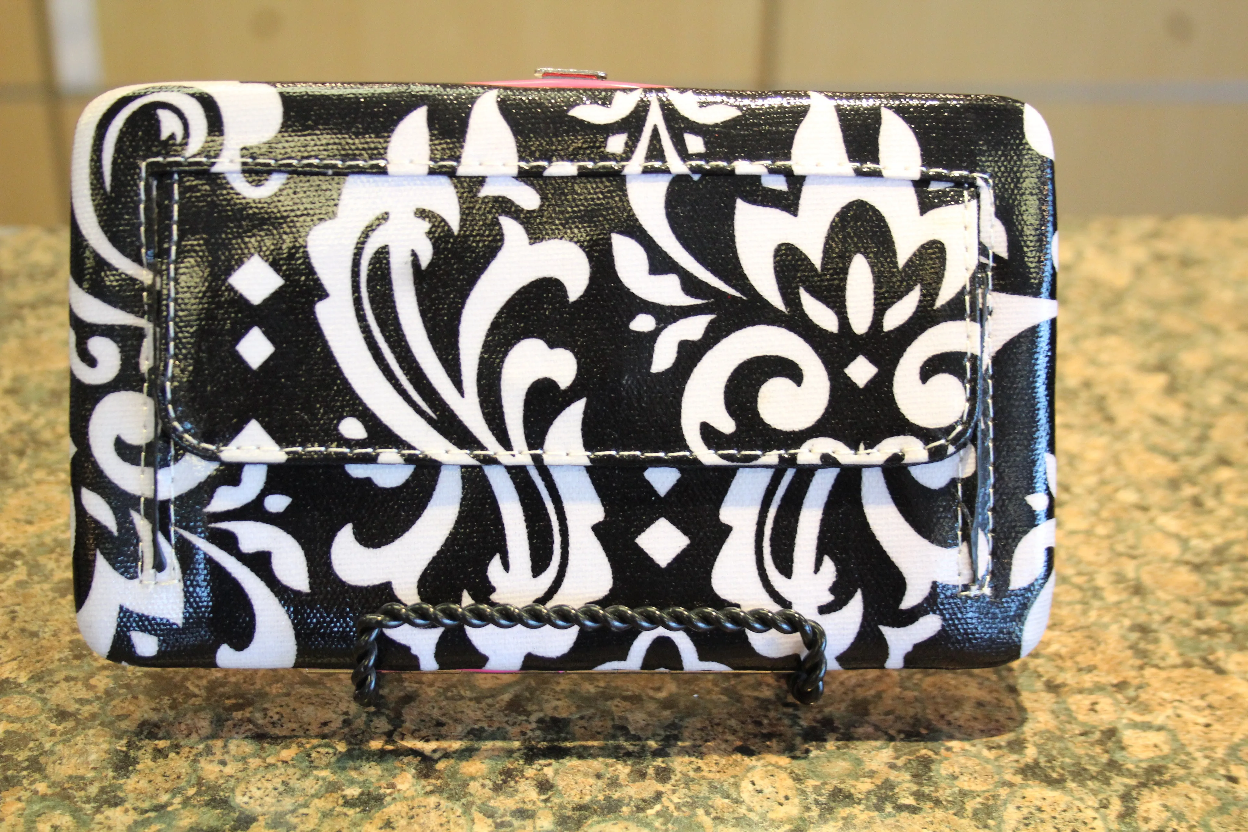 ADO | Bling Cross Damask Print Clutch Wallet Pink