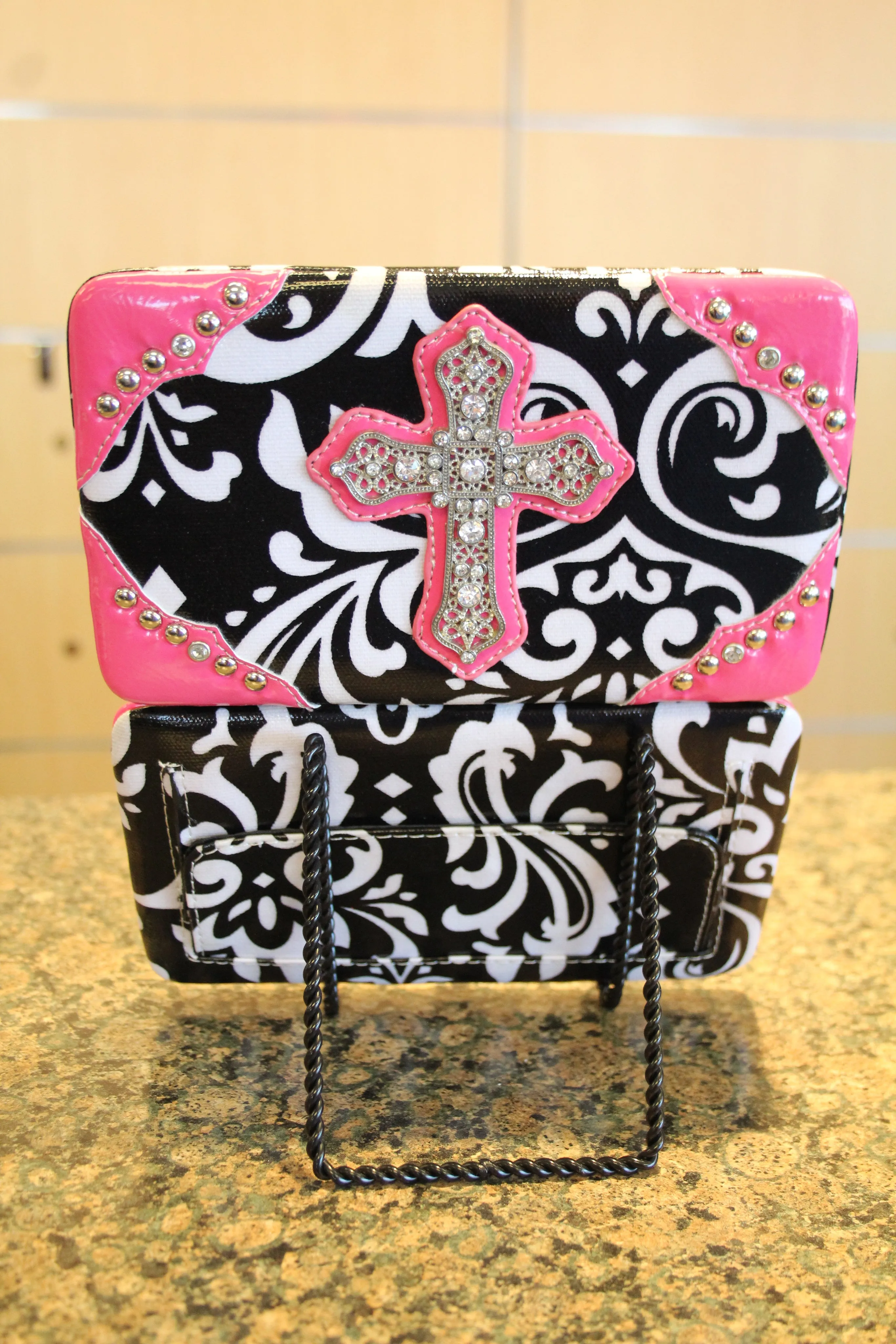 ADO | Bling Cross Damask Print Clutch Wallet Pink