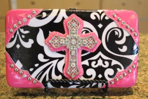 ADO | Bling Cross Damask Print Clutch Wallet Pink