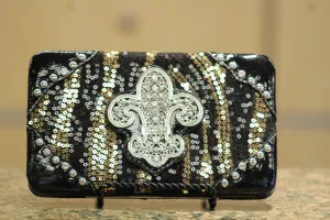 ADO | Sequin Tiger Clutch Wallet with Embellished Fleur De Lis