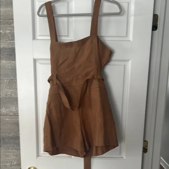 ALC 14 Brown Button-Front Fly Zip Romper Linen Never Worn