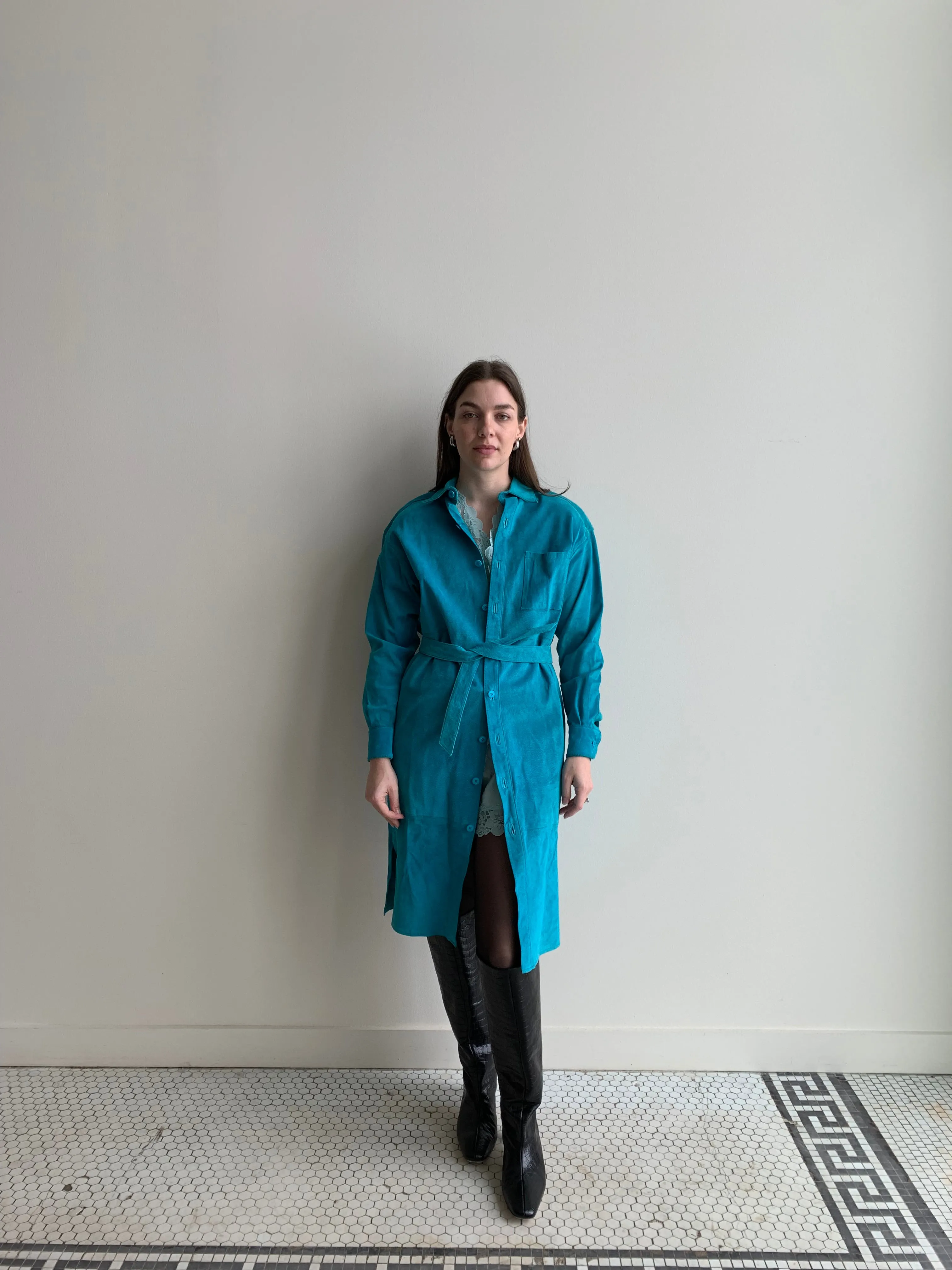aqua suede jacket dress