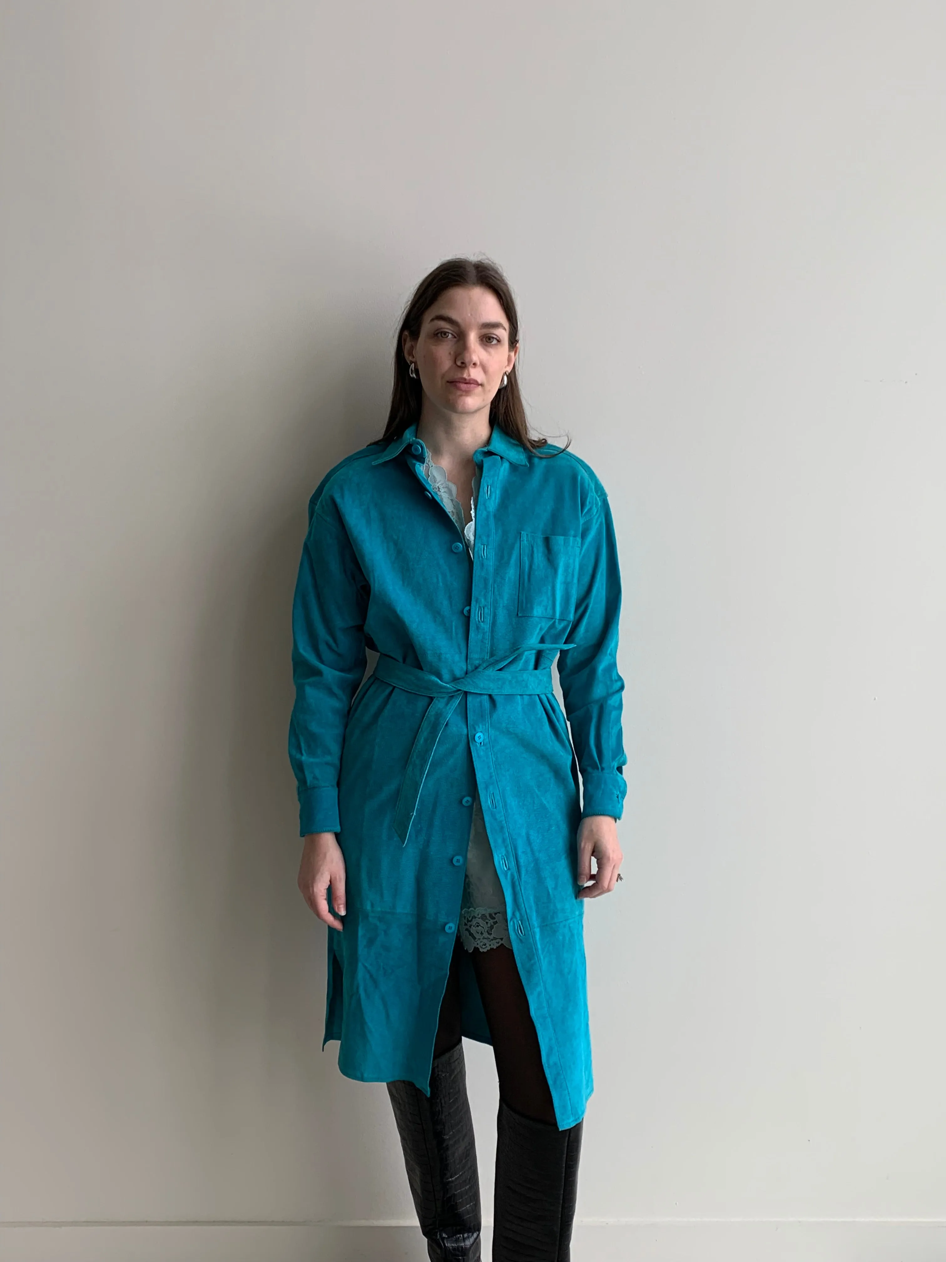 aqua suede jacket dress