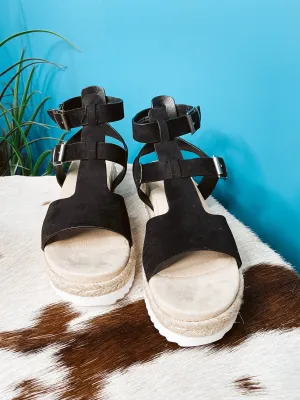 Black Faux Suede Sandal w/ Ankle Strap