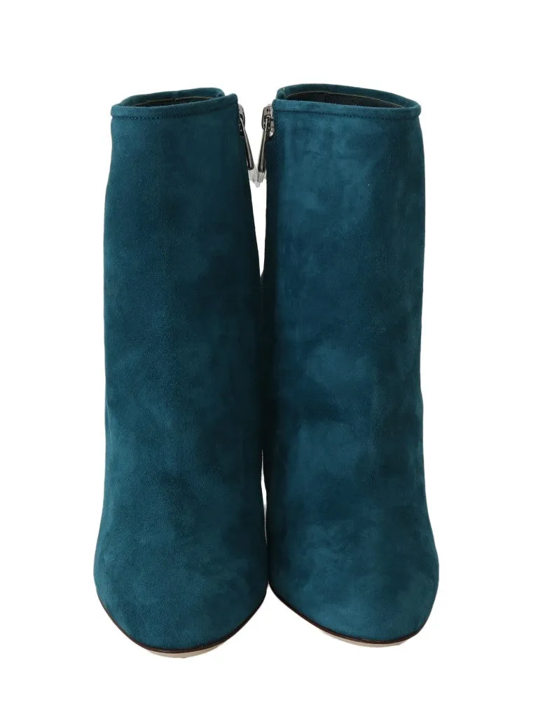 Blue Suede Leather Heels Ankle Boots