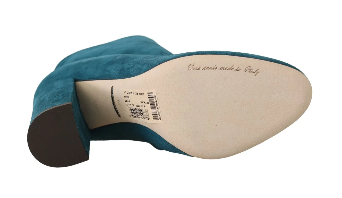 Blue Suede Leather Heels Ankle Boots