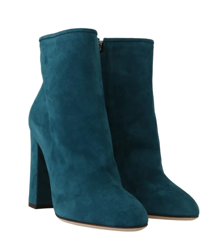 Blue Suede Leather Heels Ankle Boots