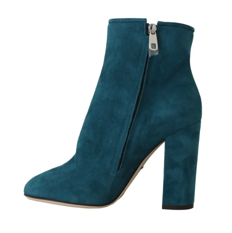 Blue Suede Leather Heels Ankle Boots