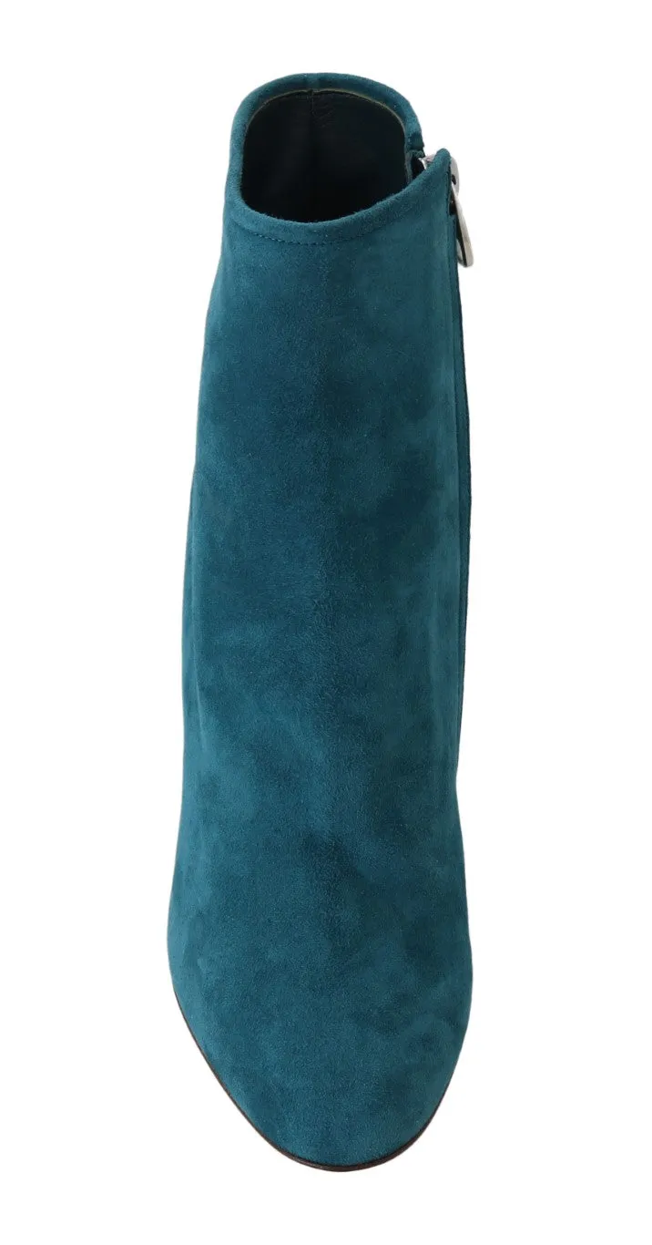 Blue Suede Leather Heels Ankle Boots