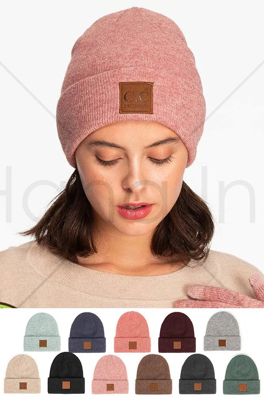 C.C Heather Knit Suede Patch Beanie Winter Hat