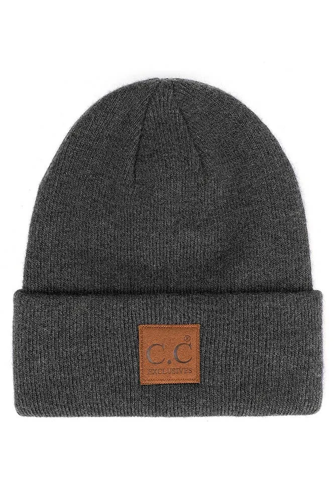 C.C Heather Knit Suede Patch Beanie Winter Hat