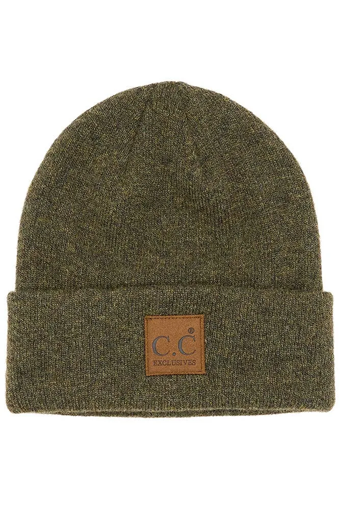 C.C Heather Knit Suede Patch Beanie Winter Hat