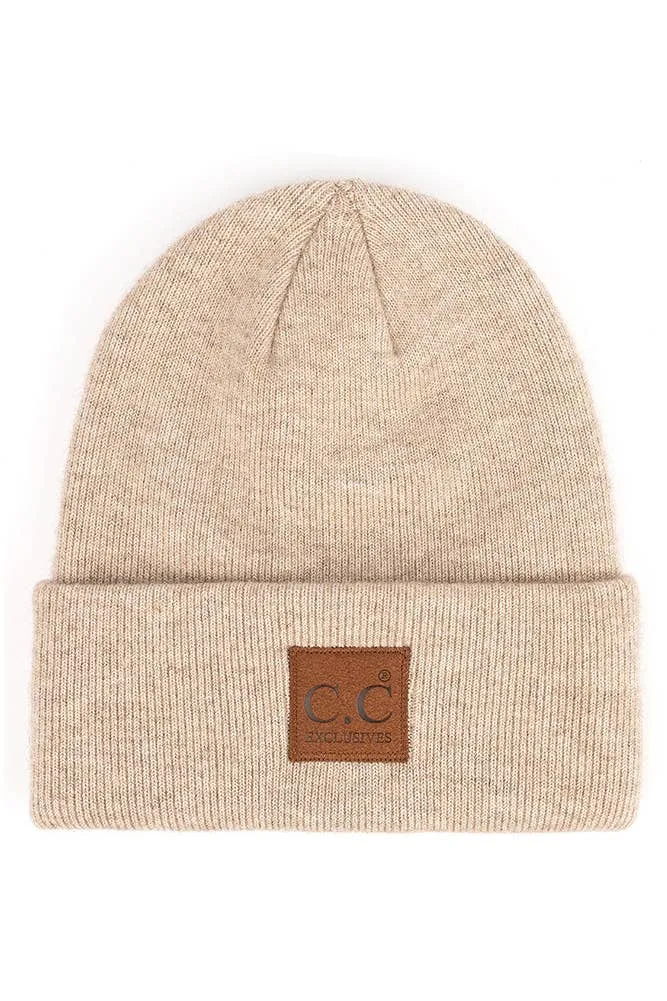 C.C Heather Knit Suede Patch Beanie Winter Hat