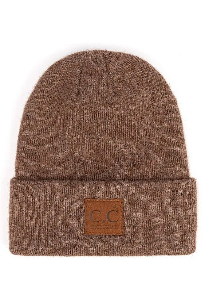 C.C Heather Knit Suede Patch Beanie Winter Hat