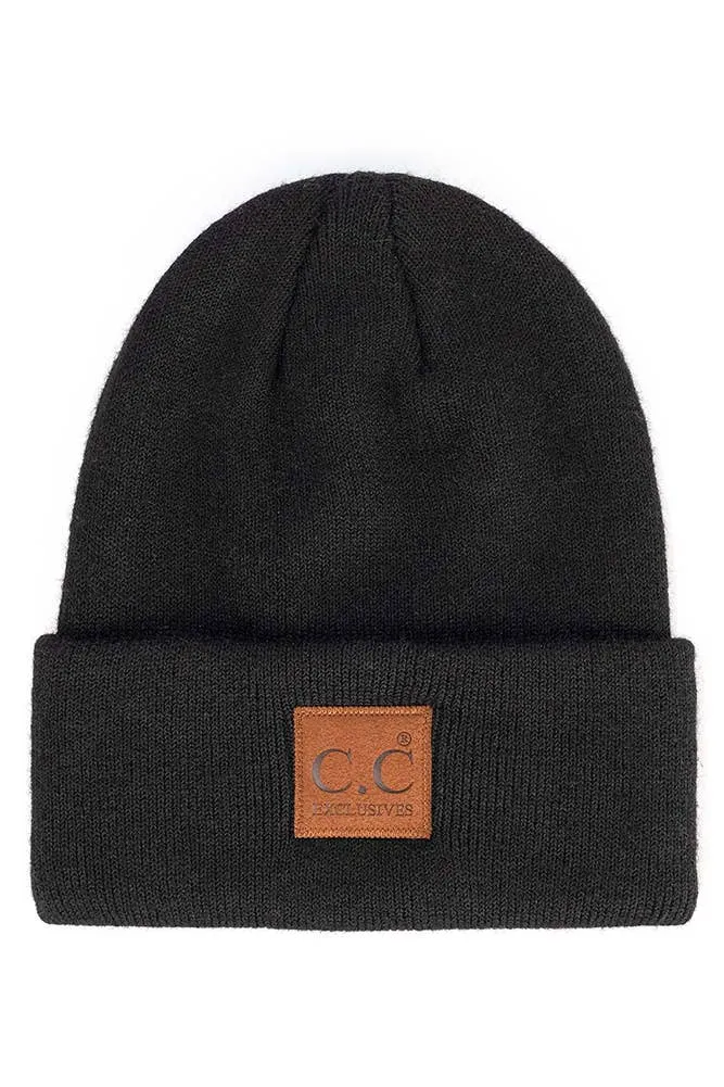 C.C Heather Knit Suede Patch Beanie Winter Hat
