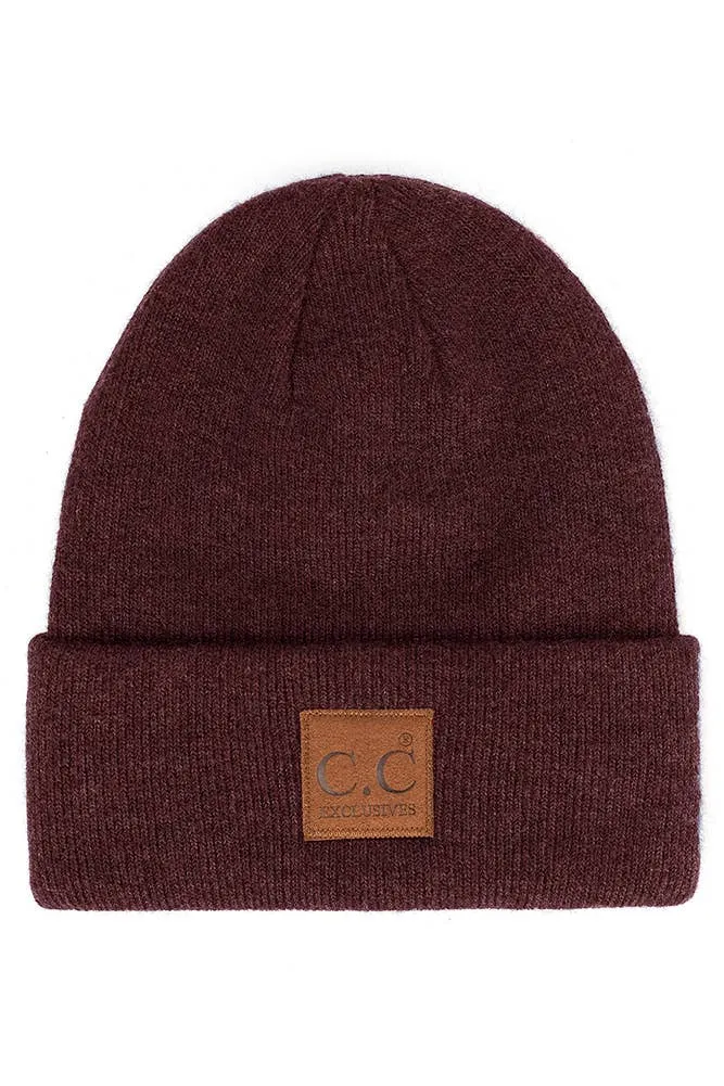 C.C Heather Knit Suede Patch Beanie Winter Hat