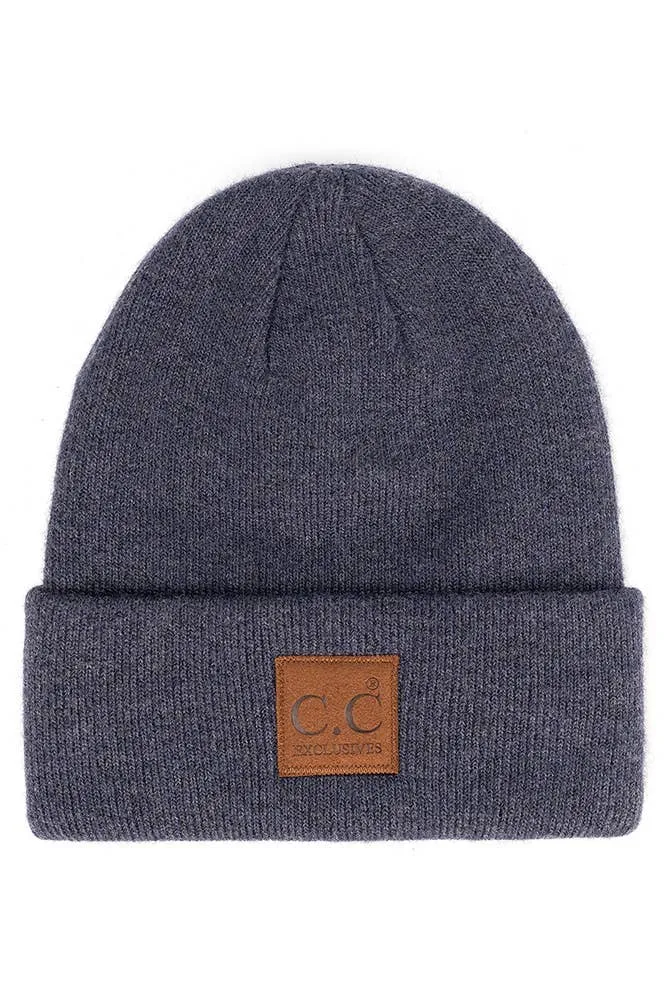 C.C Heather Knit Suede Patch Beanie Winter Hat