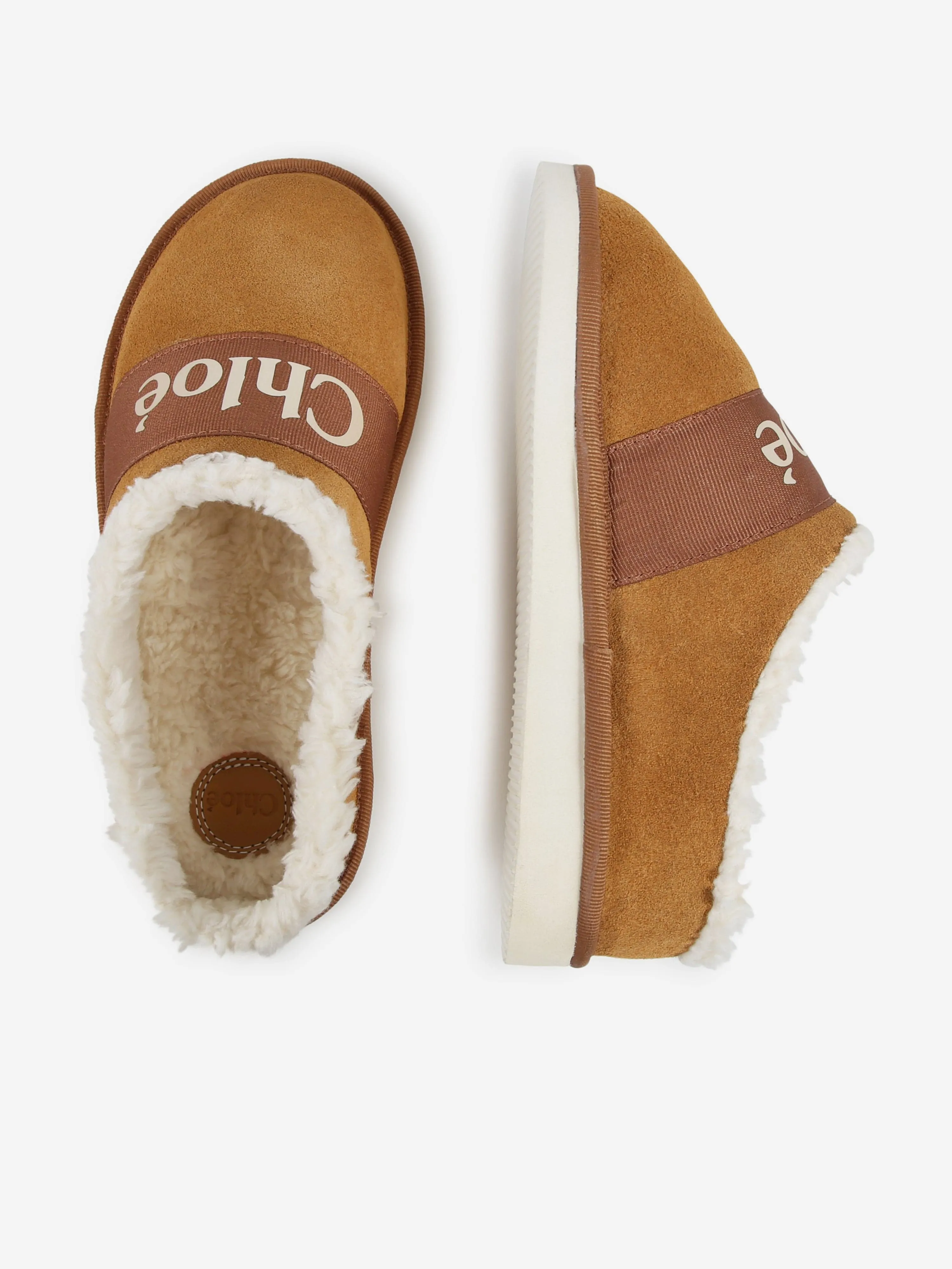 Chloé Girls Suede Logo Slippers in Brown