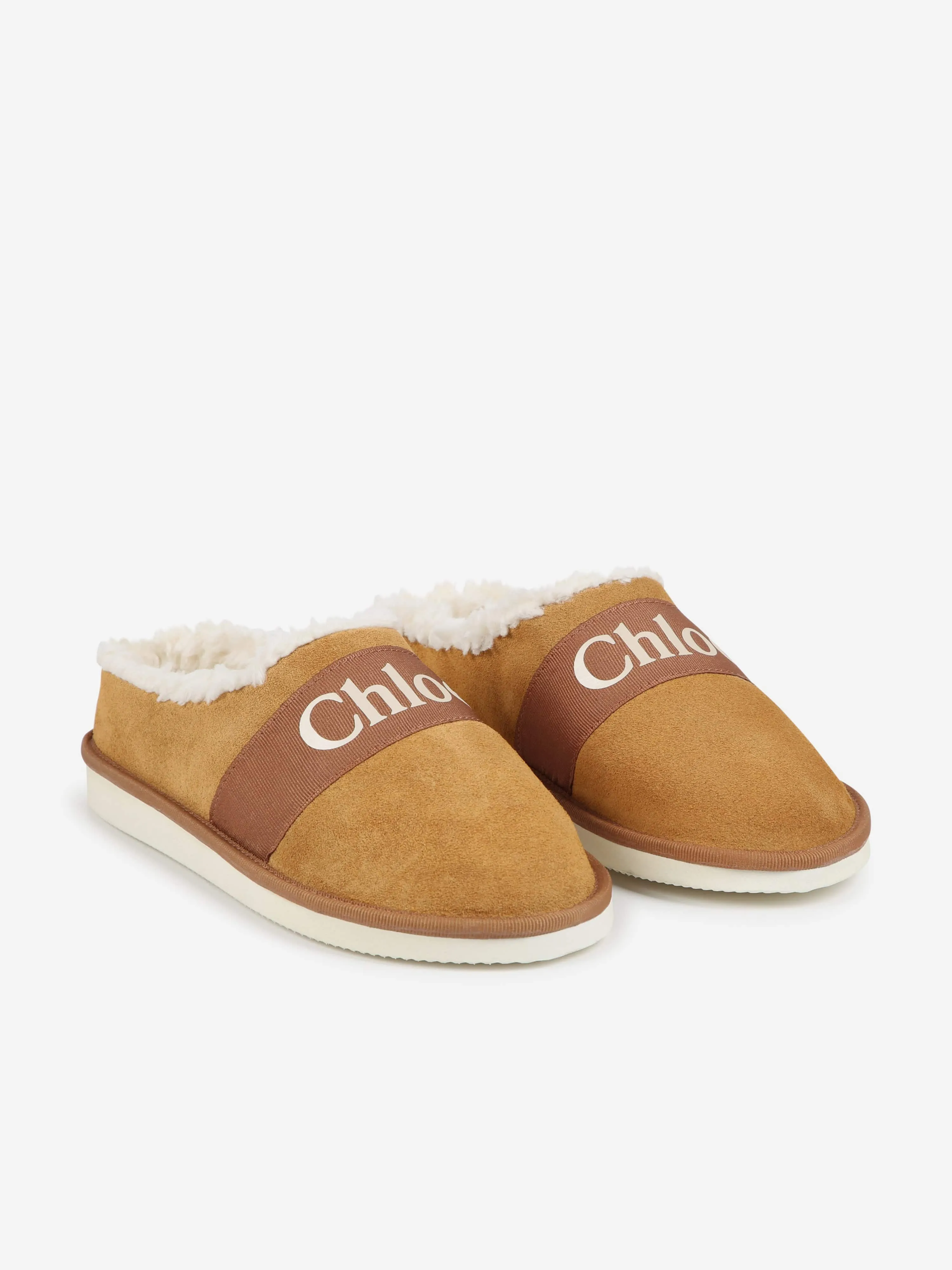 Chloé Girls Suede Logo Slippers in Brown