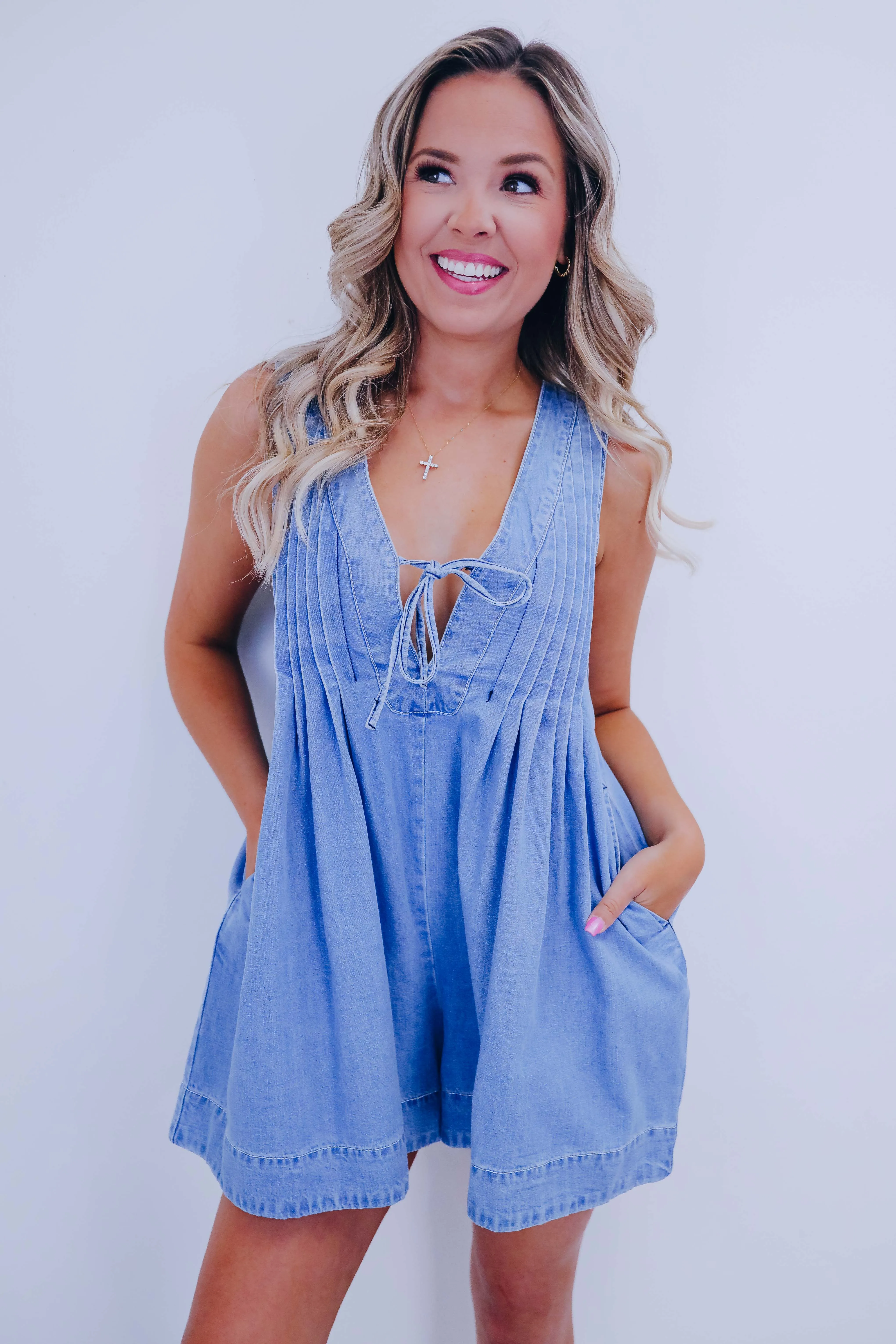 Country Cutie Pleated Denim Romper- 5 Colors