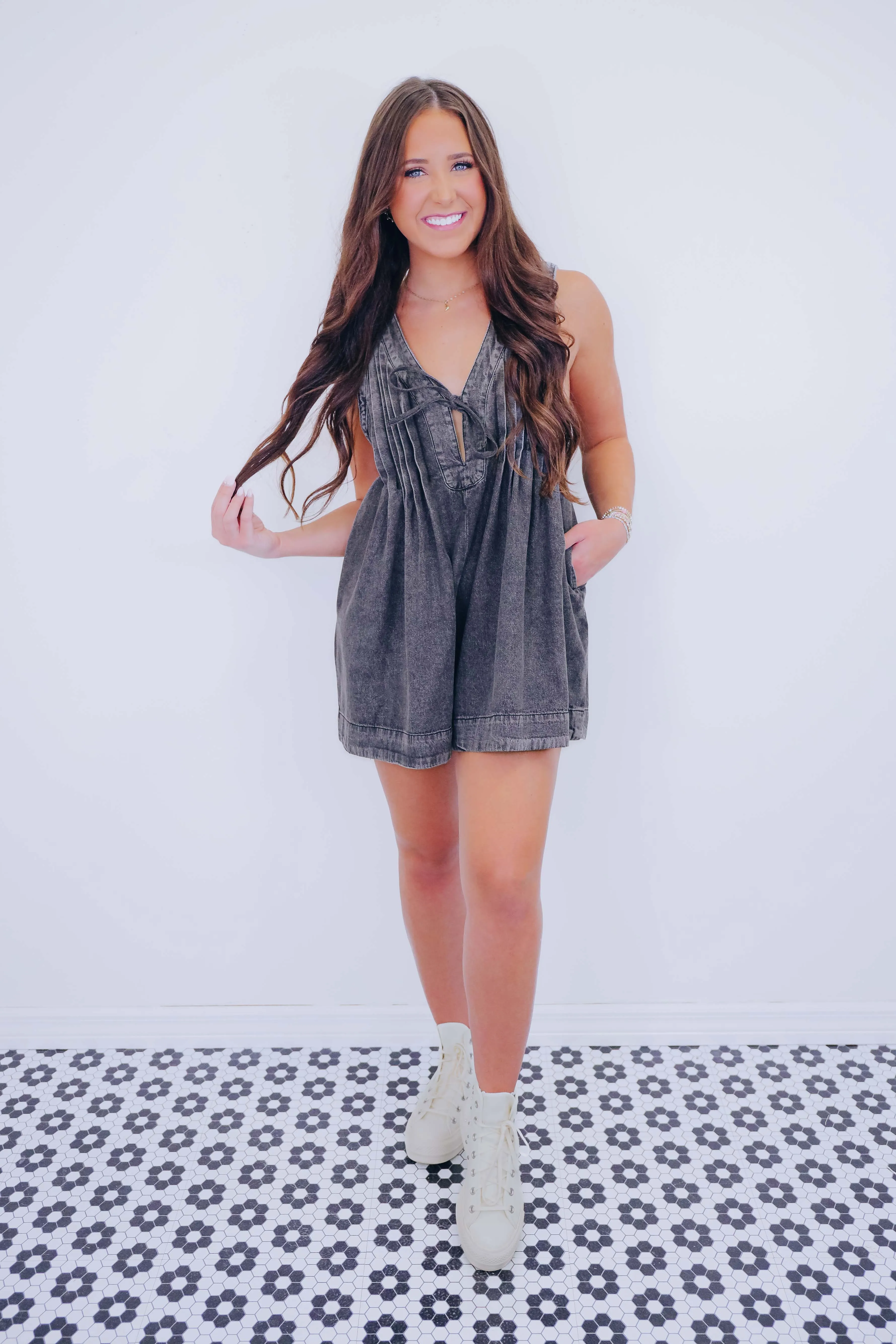 Country Cutie Pleated Denim Romper- 5 Colors