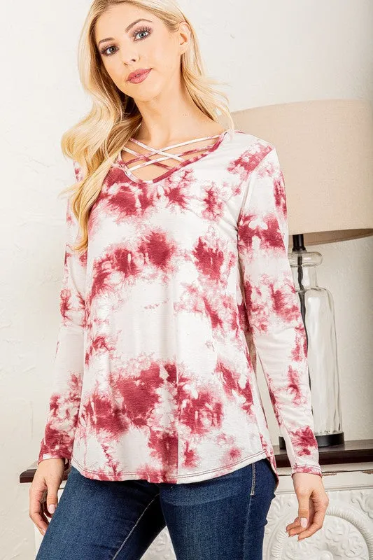 CRISSCROSS V NECK TIE DYE PRINT TOP