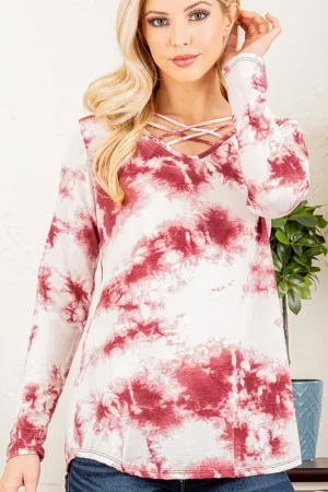 CRISSCROSS V NECK TIE DYE PRINT TOP