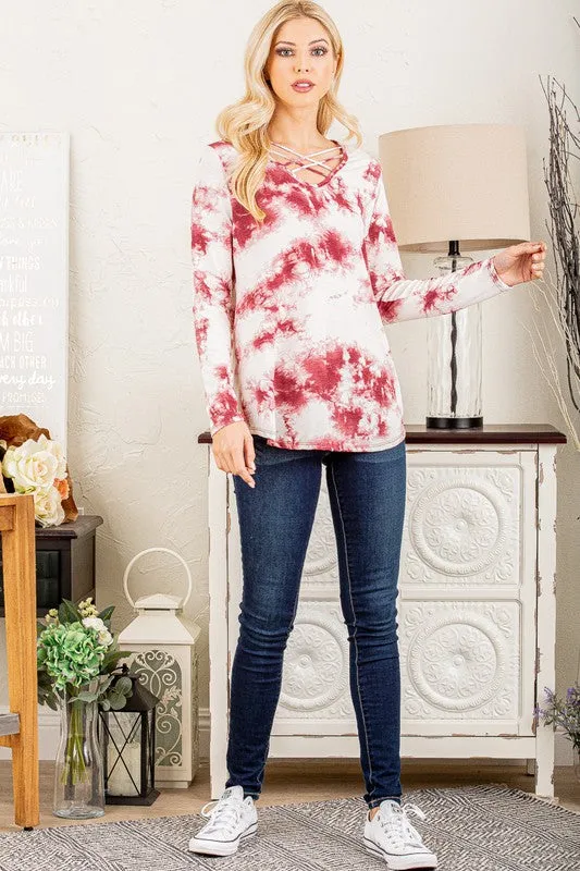 CRISSCROSS V NECK TIE DYE PRINT TOP