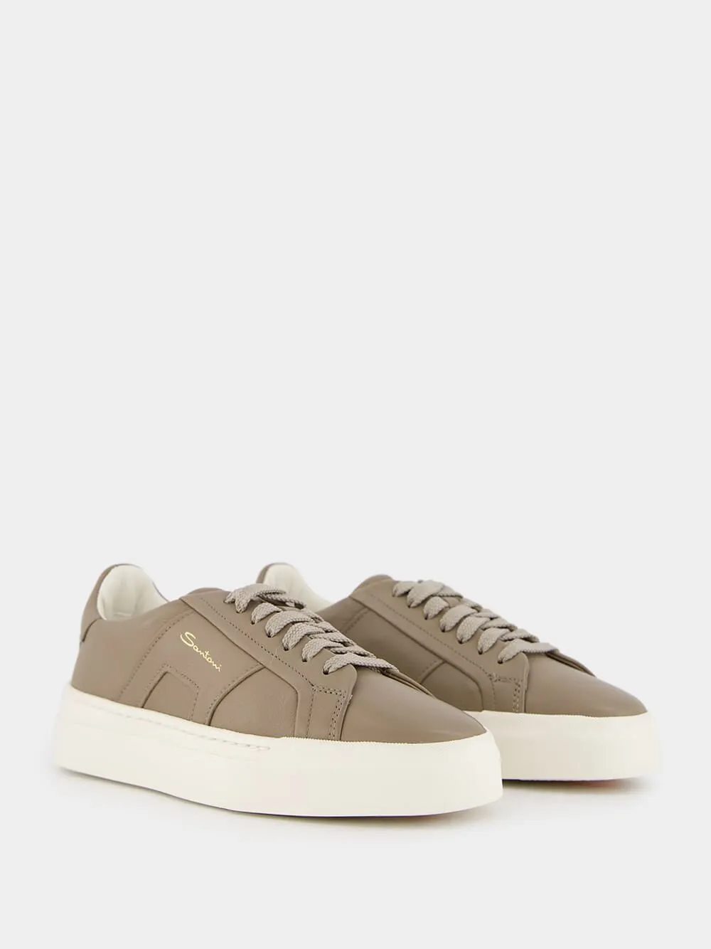 Double Buckle Leather Sneakers in Beige