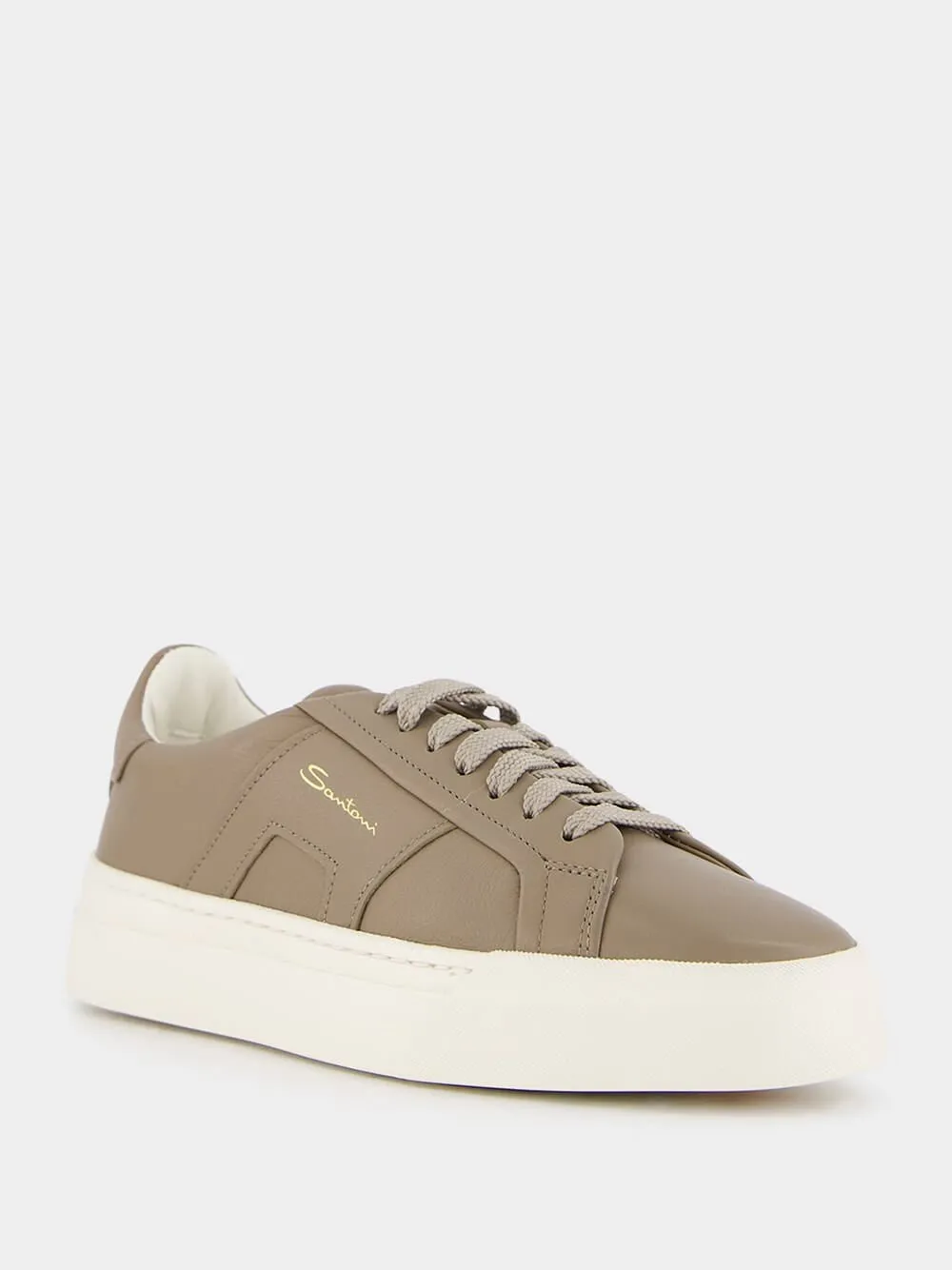 Double Buckle Leather Sneakers in Beige