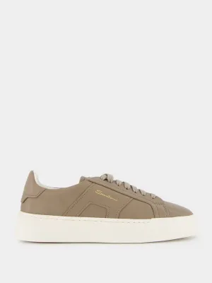 Double Buckle Leather Sneakers in Beige