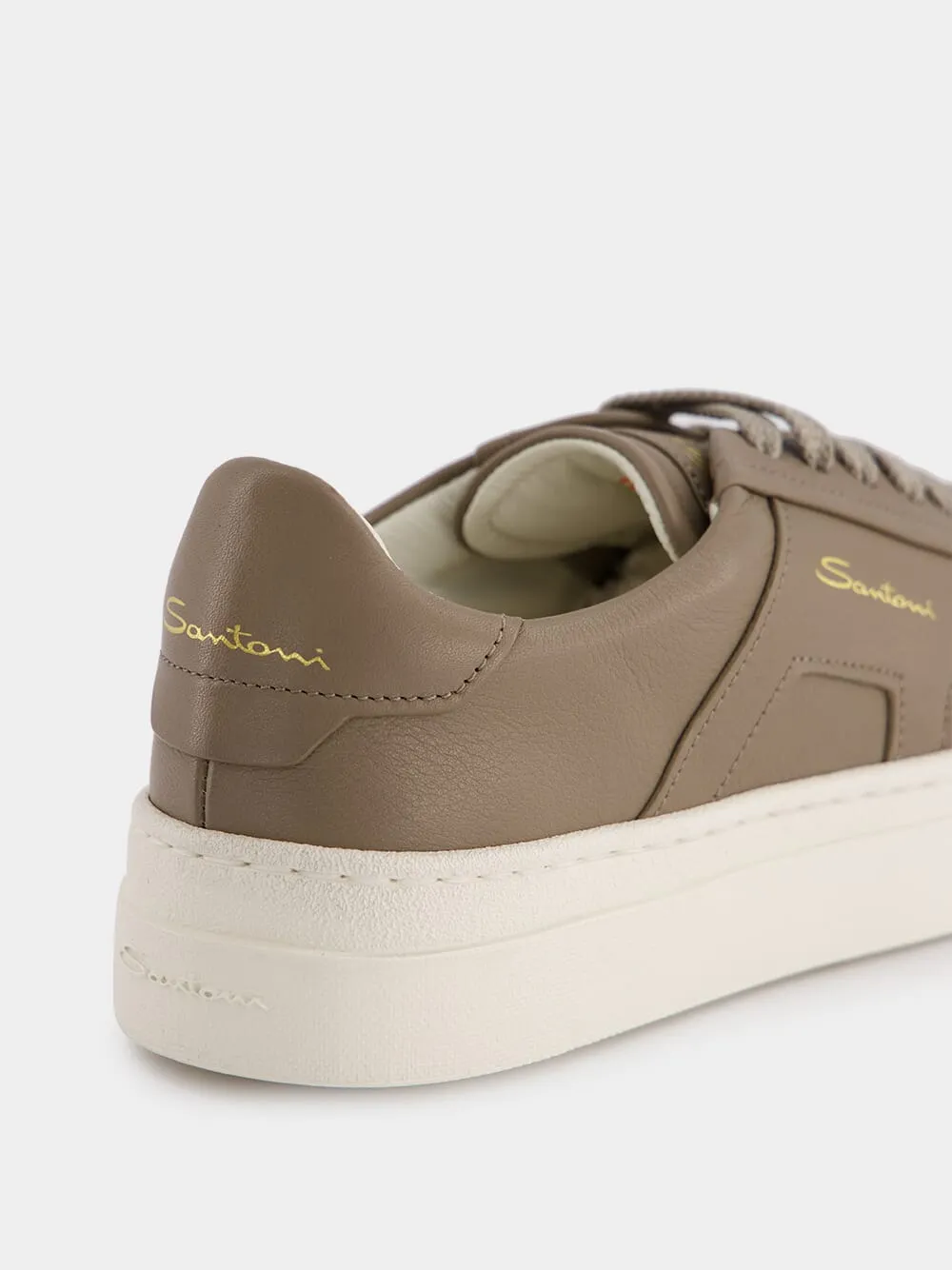 Double Buckle Leather Sneakers in Beige