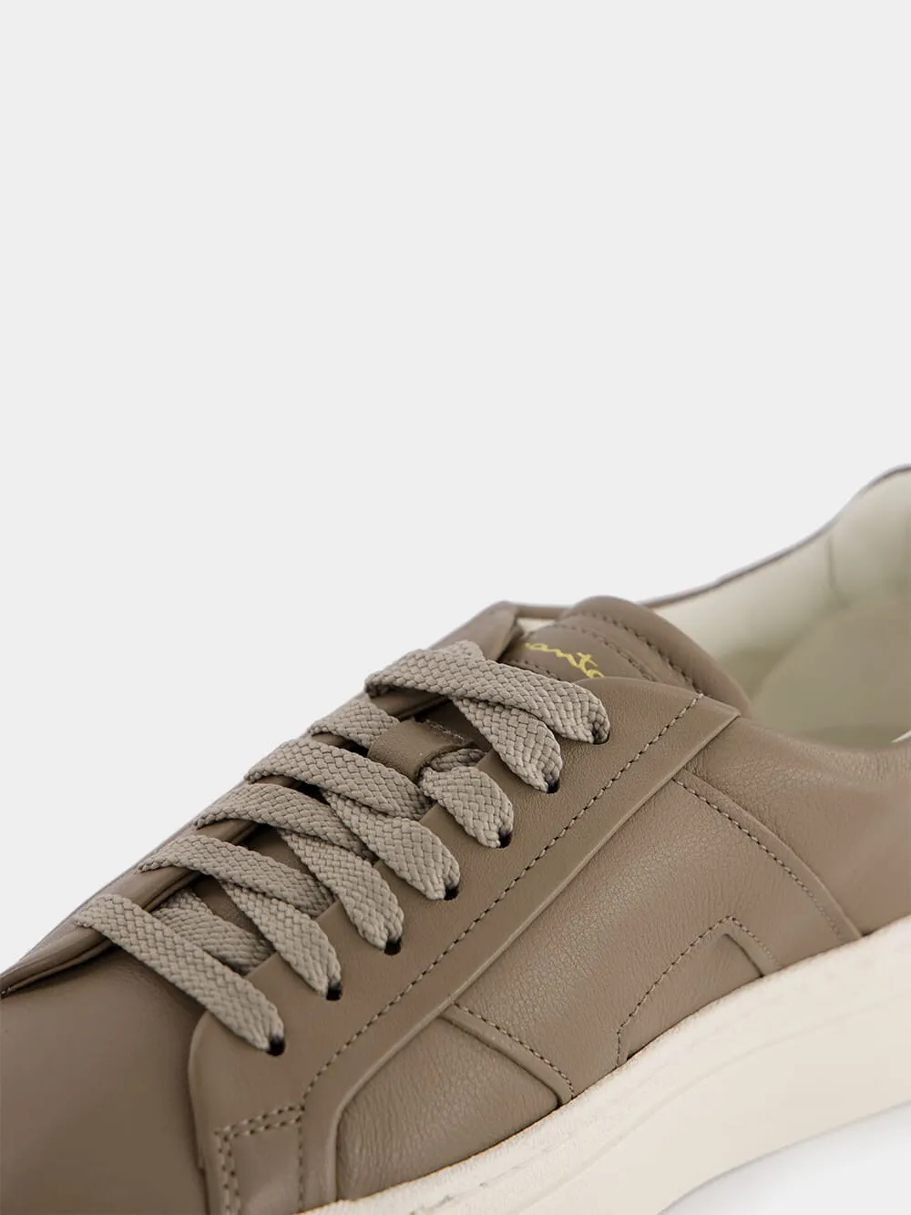 Double Buckle Leather Sneakers in Beige