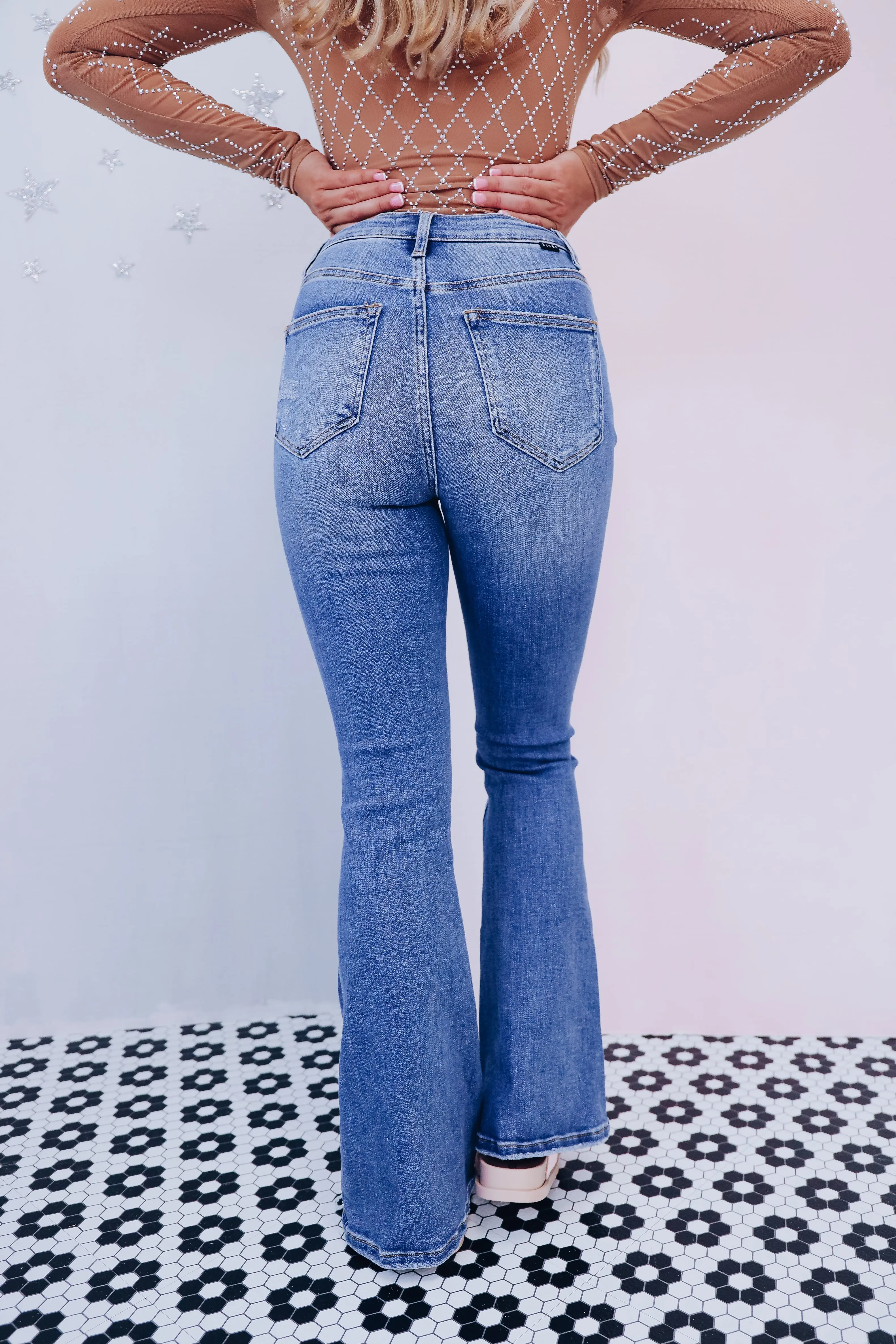 Fabulously Frayed Flare Jeans - Medium Wash
