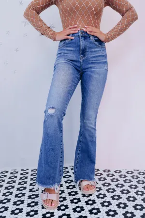 Fabulously Frayed Flare Jeans - Medium Wash