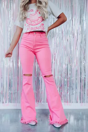 Franci Frayed Hem Flare Jeans - Light Pink