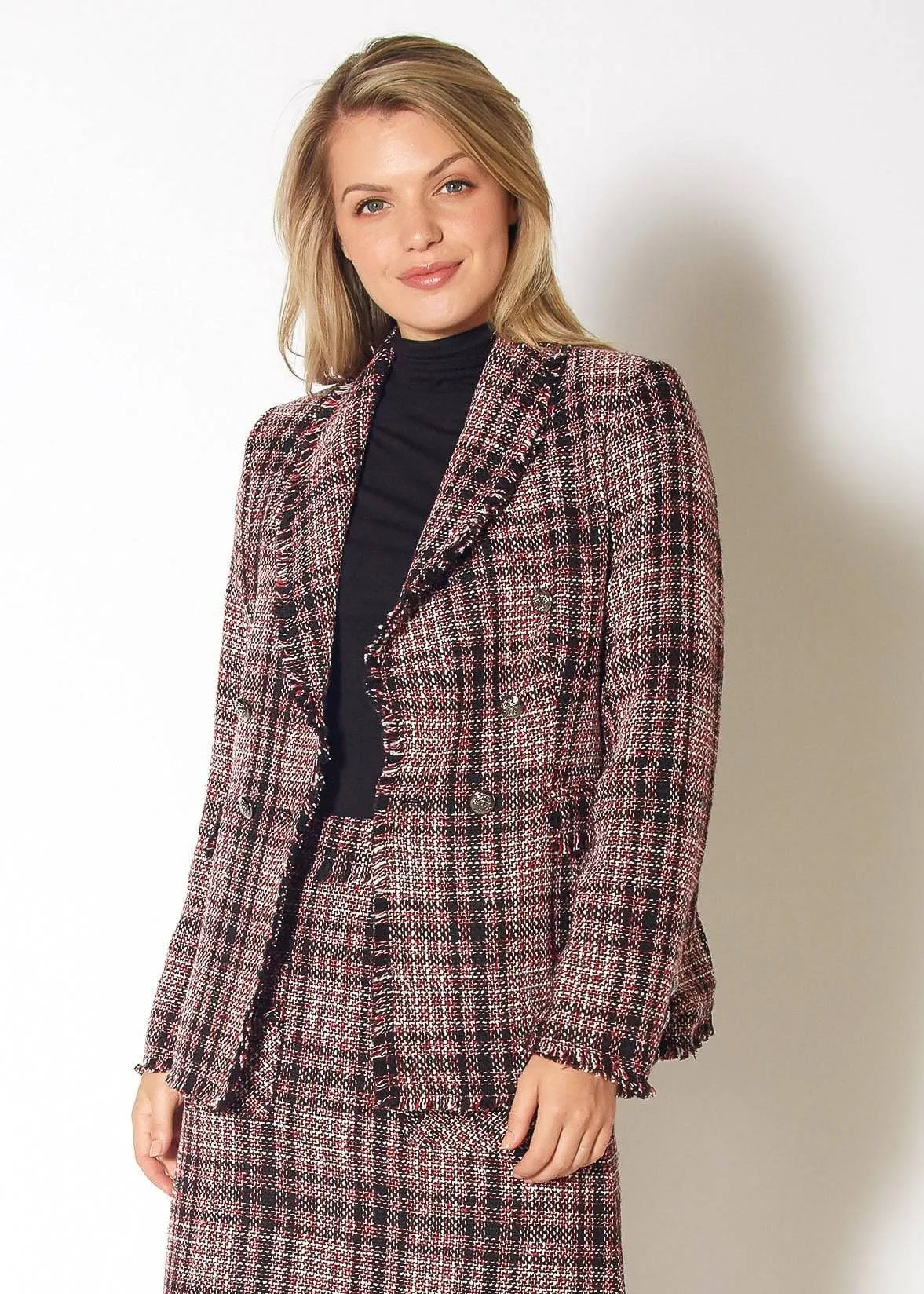 Fringe Hem Plaid Tweed Blazer in Red Black Tweed by Shop at Konus