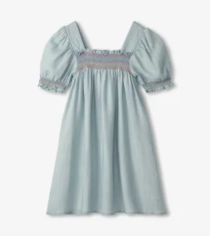 Hatley Puff Sleeve Smocked Dress - Soft Blue Denim