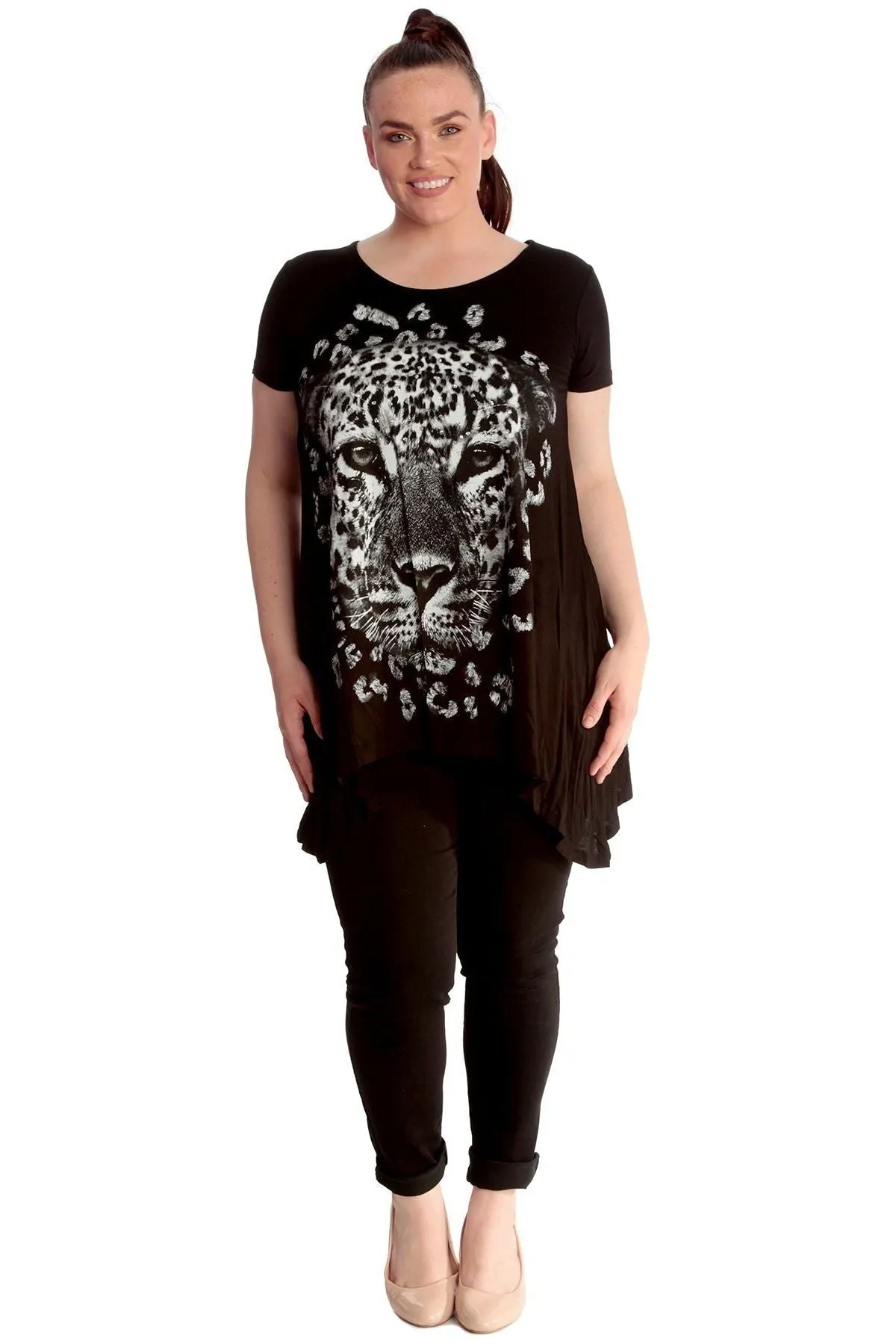 Leopard Print Hanky Hem Short Sleeve Top