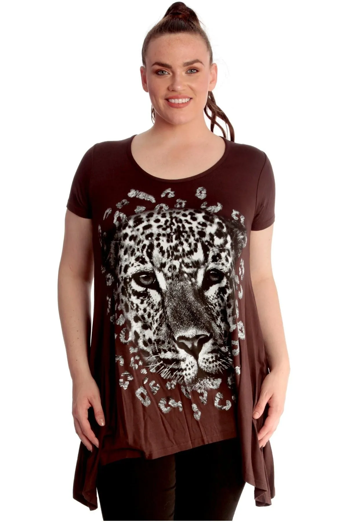 Leopard Print Hanky Hem Short Sleeve Top