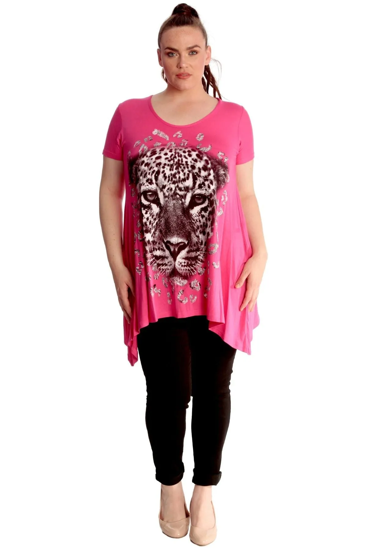 Leopard Print Hanky Hem Short Sleeve Top