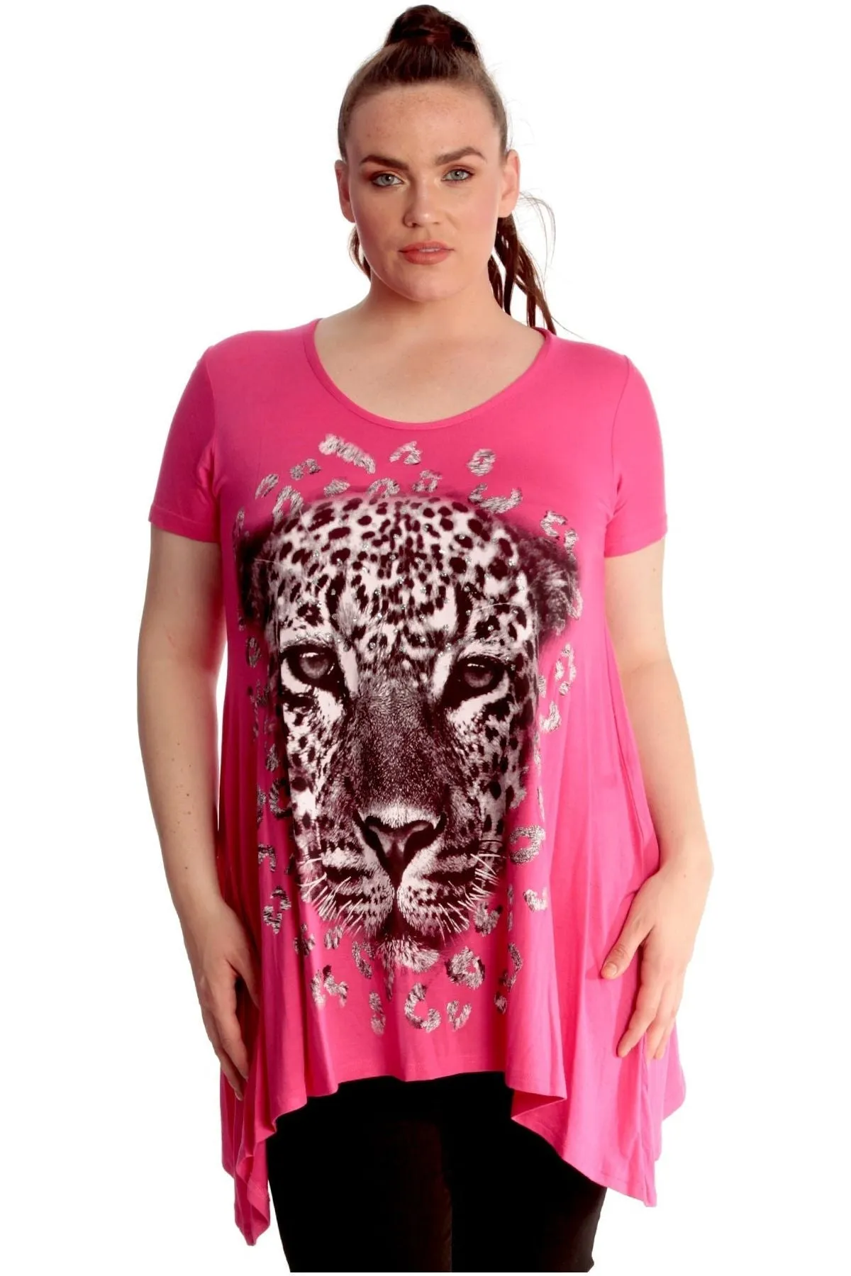 Leopard Print Hanky Hem Short Sleeve Top