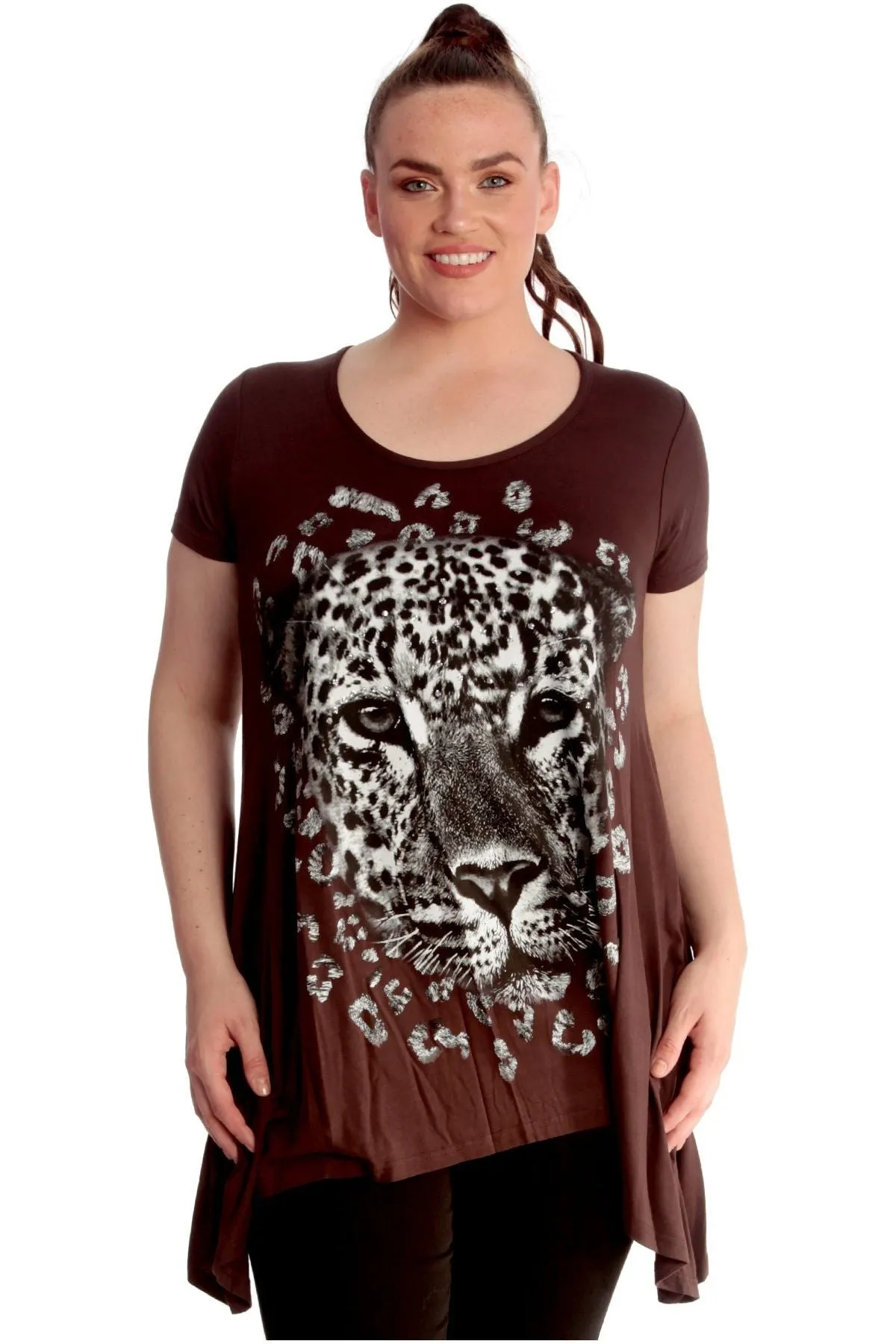 Leopard Print Hanky Hem Short Sleeve Top