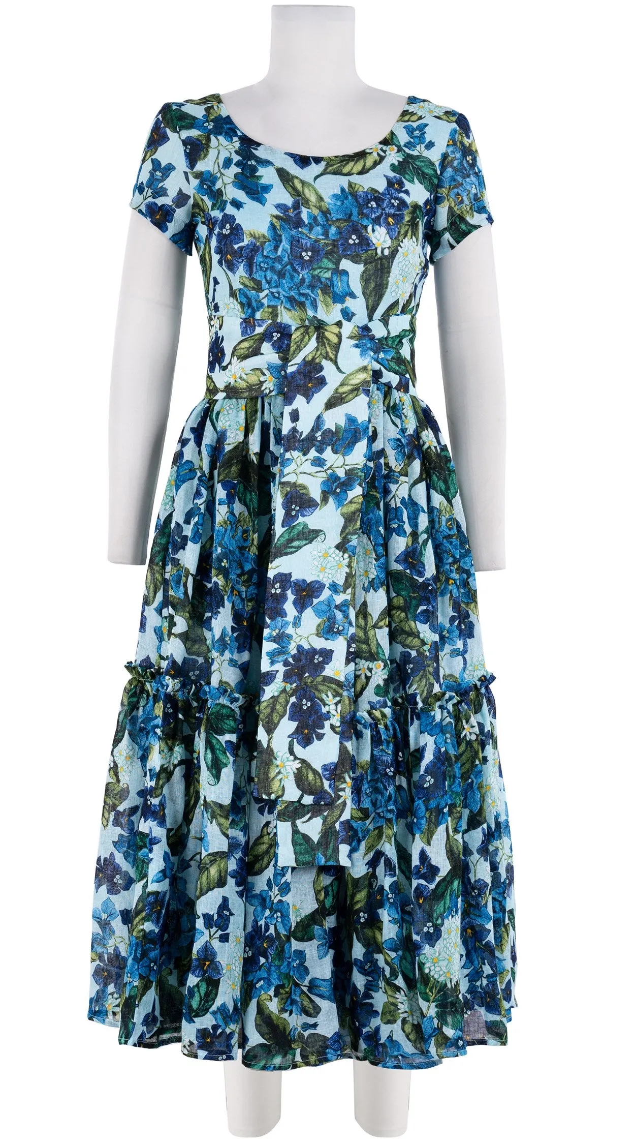 Melanie Dress #1 Boat Neck Short Sleeve Midi Length Linen (Barbados Flower Ground)