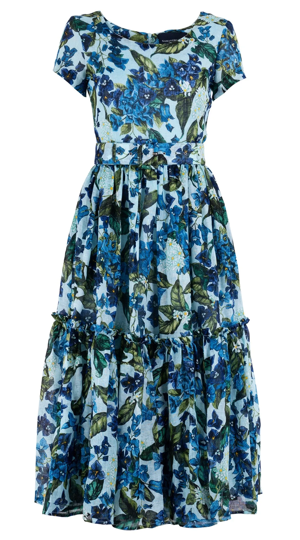 Melanie Dress #1 Boat Neck Short Sleeve Midi Length Linen (Barbados Flower Ground)