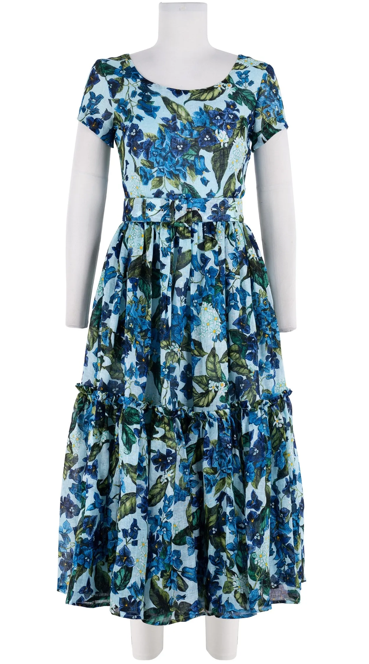 Melanie Dress #1 Boat Neck Short Sleeve Midi Length Linen (Barbados Flower Ground)