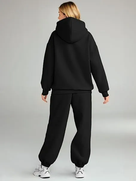 NEW AUTOMET Womens 2 Piece Outfits Lounge Hoodie Sweatsuit Sets Oversized Sweatshirt Baggy Fall Fashion Sweatpants with Pockets Fits Like Large, Black