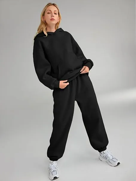 NEW AUTOMET Womens 2 Piece Outfits Lounge Hoodie Sweatsuit Sets Oversized Sweatshirt Baggy Fall Fashion Sweatpants with Pockets Fits Like Large, Black