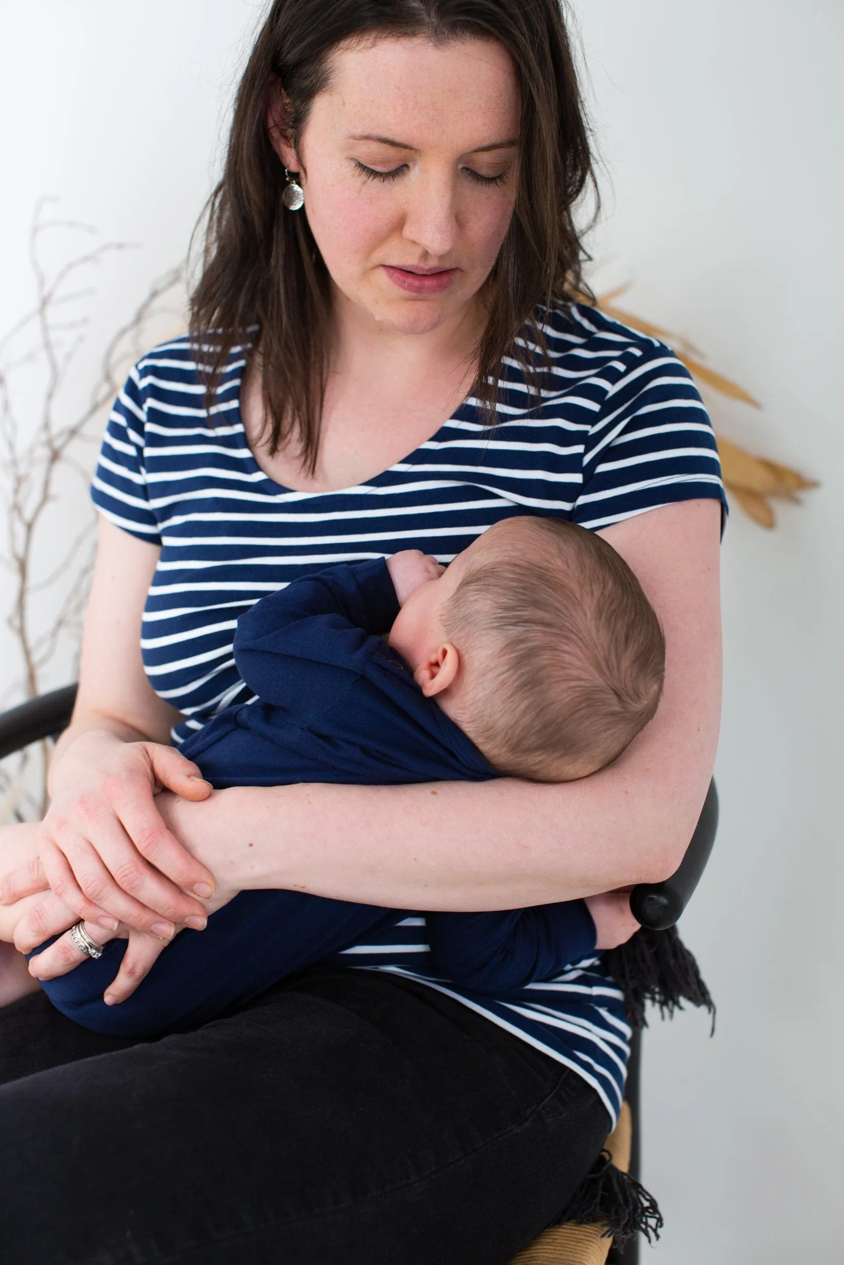 Nursing Short Sleeve Cotton T-Shirt | Navy & White Stripes