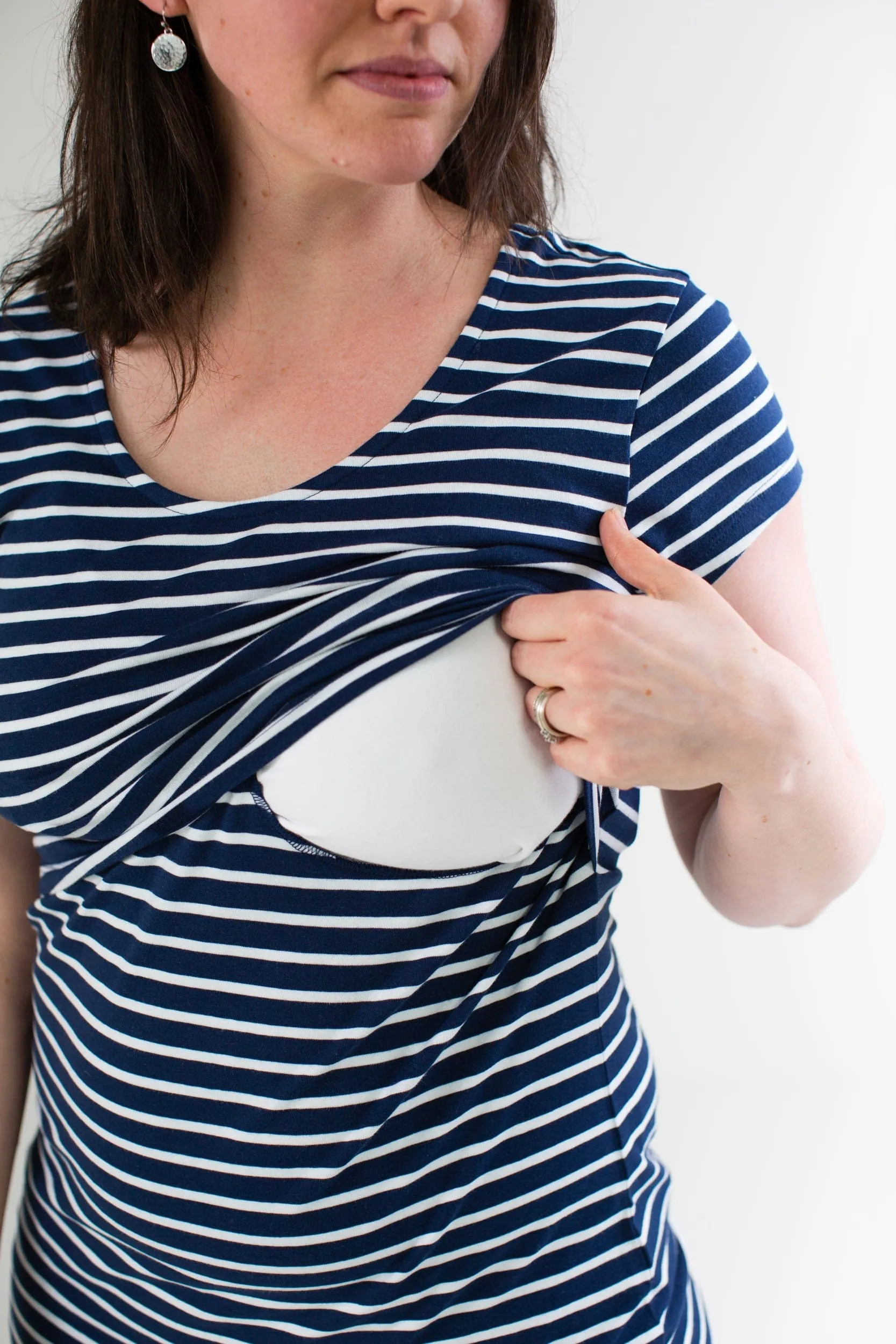Nursing Short Sleeve Cotton T-Shirt | Navy & White Stripes